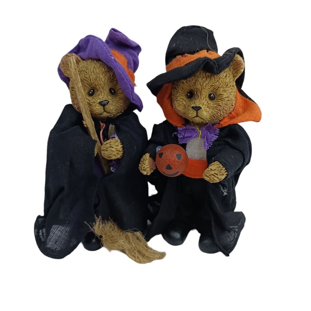 Resin Bear Pair In Halloween Attire Witch Figurines Decor Pumpkin Boy & Girl 5"